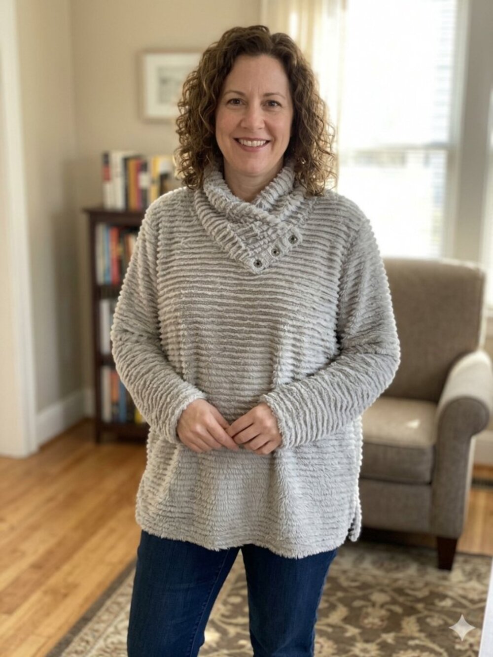 NWT Multiples Cozy Gray Striped Fleece Cowl Neck Sweater XL
